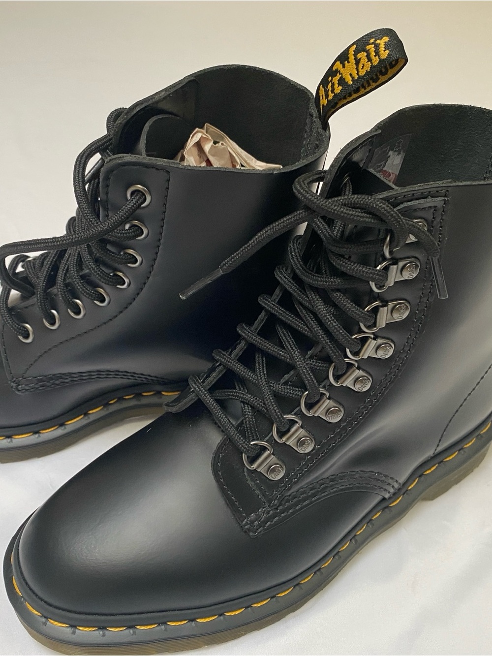 Dr. Martens Black Leather 8-Eye Lace-Up Boots with Yellow Stitching
